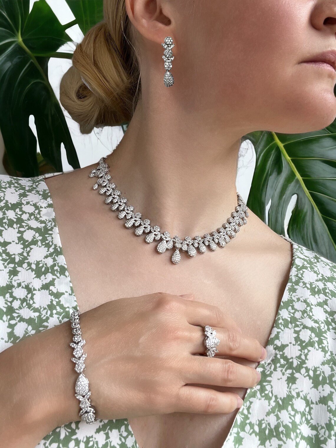 Crystal Jewelry Set Platinum Plated Brass Necklace, Earrings, Bracelet, Ring